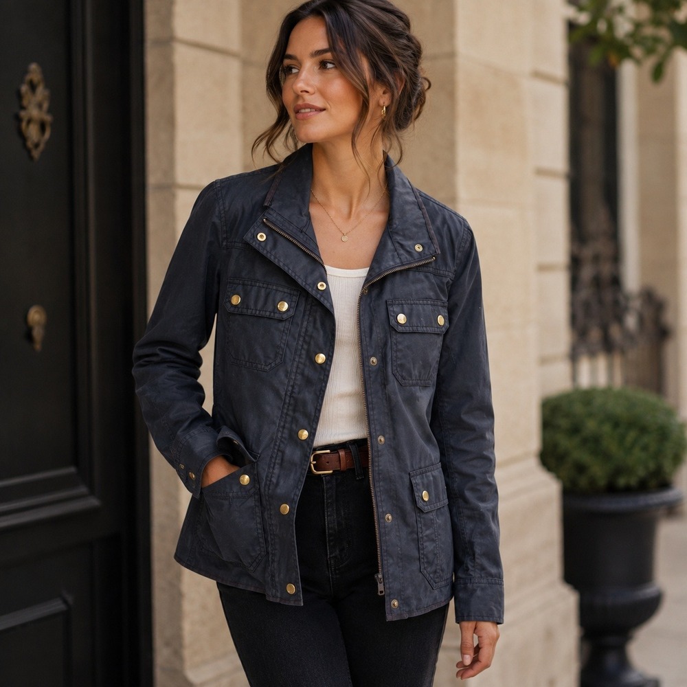 J.Crew Field Jacket Womens XS Black Waxed Cotton Utility Gold Hardware Barn Coat
